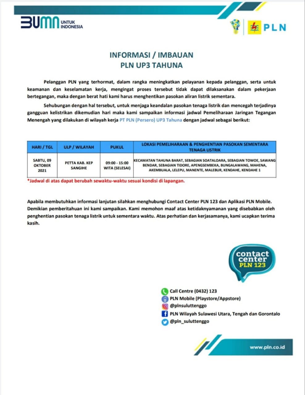 Informasi Pemadaman PT. PLN Tahuna (Ist)